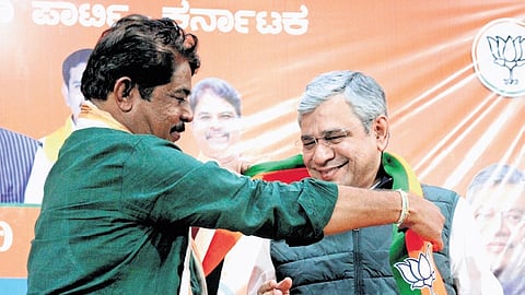 Leader of Opposition in Assembly R Ashoka greets Union Minister
Ashwini Vaishnaw at BJP office in Bengaluru on Saturday.