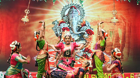 Artists perform classical dance during the Natya Kalatarangini organised by Sri Gayatri Nritya Kalanikethan at Anam Kalakendram.