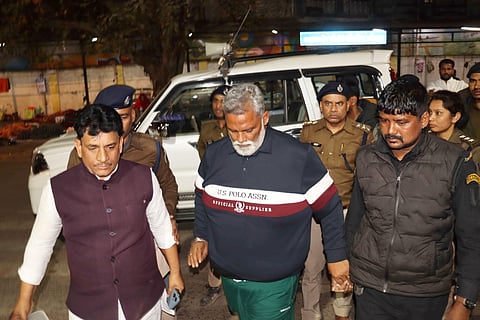 Independent Bihar MP Rajesh Ranjan, popularly known as Pappu Yadav, being escorted by police personnel after his arrest in connection with a case dating back to 1995, in Patna, late Friday, Feb. 6, 2026.