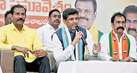 Union Minister of State for Rural Development and Communications P Chandra Sekhar addressing a press conference in Visakhapatnam on Sunday.