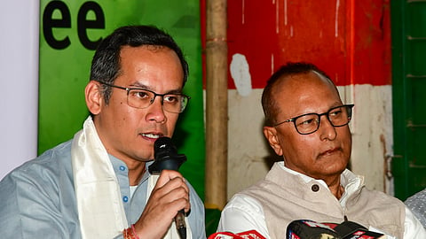 Assam Pradesh Congress Committee president Gaurav Gogoi, left, addresses a press conference, in Guwahati, Monday, Feb. 9, 2026.