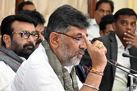 Deputy Chief Minister DK Shivakumar addressing the media at Vidhana Soudha in Bengaluru on February 9, 2026.