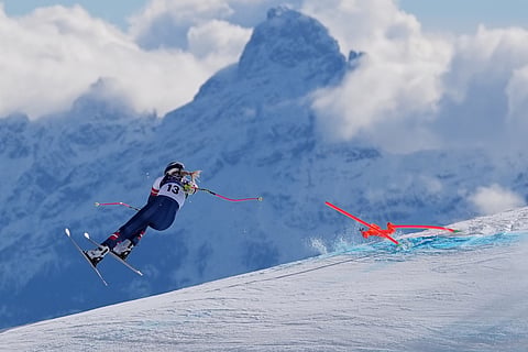 United States' Lindsey Vonn crashes during an alpine ski women's downhill race, at the 2026 Winter Olympics, in Cortina d'Ampezzo, Italy, Sunday, Feb. 8, 2026.