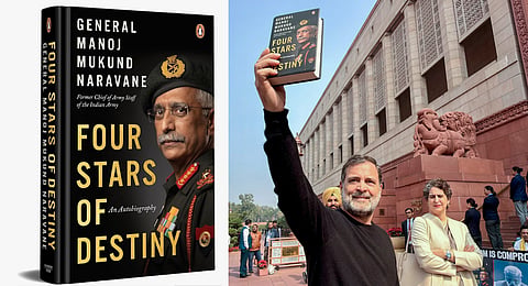 Lok Sabha LoP Rahul Gandhi holds the book 'Four Stars of Destiny' by former Army Chief General Manoj Mukund Naravane at the Parliament premises in New Delhi.