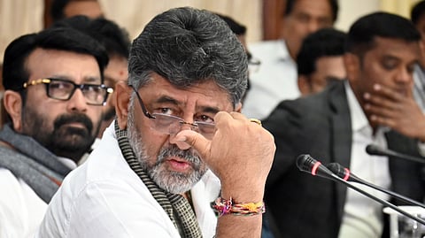 Deputy Chief Minister DK Shivakumar addresses media regarding Metro price hike at Vidhana Soudha in Bengaluru on Monday.