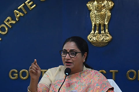 Delhi CM Rekha Gupta addresses a press conference at Delhi Secretariat in New Delhi.