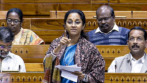 NCP MP Supriya Sule speaks in the Lok Sabha during the Budget session of Parliament, in New Delhi, Thursday, Feb. 12, 2026.