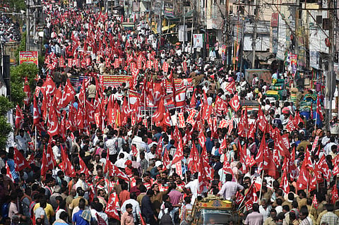 Members of various trade unions took out a protest rally as trade unions call nationwide strike against the labour laws.