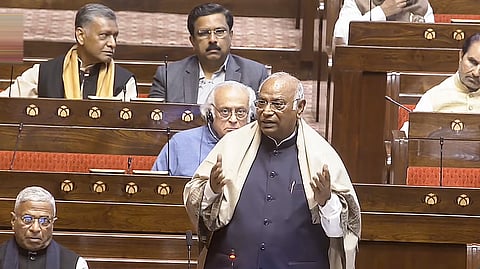 Congress President Mallikarjun Kharge speaks in the Rajya Sabha during the Budget session of Parliament.