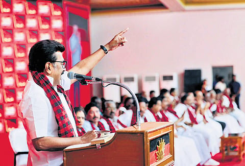 Chief Minister M K Stalin addressing DMK cadre at a booth committee conference titled ‘Nam Vakku Chavadi, Vetri Vakku Chavadi’ on Wednesday.