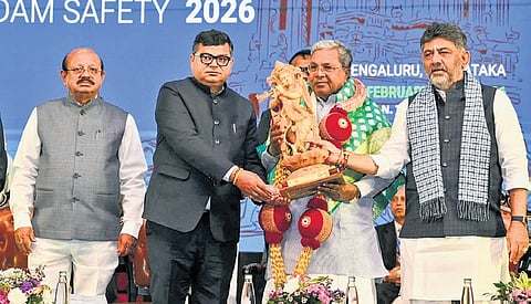 Chief Minister Siddaramaiah, Water Resources Minister DK Shivakumar and Union Minister of State for Jal Shakti Raj Bhushan Chaudhary at the inauguration of the International Dam Safety Conference at IISc in Bengaluru on Friday.