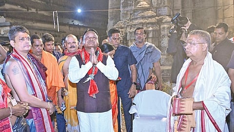 Chief Minister Mohan Charan Majhi offering prayers to Lord Lingaraj on the occasion of Maha Shivaratri, at Lingaraj temple in Bhubaneswar on Sunday