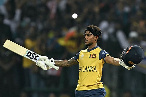 Pathum Nissanka celebrates his century at the Pallekele International Cricket Stadium, Kandy on Monday
