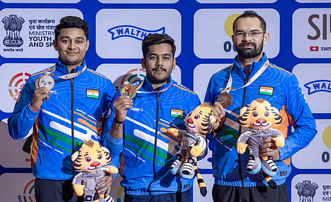 Aishwary Pratap Singh Tomar (C), Niraj Kumar (L) and Akhil Sheoran led the country to podium clean sweep in the men's 50m rifle 3 positions during the continental meet. That was one of the highlights of the event