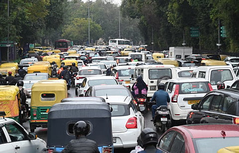 Huge traffic jam at India Gate in New Delhi.