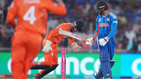 India's Abhishek Sharma, right, reacts after getting bowled out by Netherlands' Aryan Dutt during the T20 World Cup cricket match between India and Netherlands in Ahmedabad, India, Wednesday, Feb. 18, 2026.