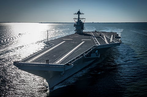 In this photo provided by the US Navy, the USS Gerald R. Ford embarked on the first of its sea trials to test various state-of-the-art systems on its own power for the first time on April 8, 2017, from Newport News, Va.