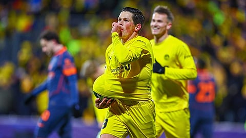 Bodø/Glimt's Sondre Brunstad Fet celebrates after scoring against Inter's Milan during a Champions League soccer match, Wednesday, Feb 18, 2026, in Bodo, Norway.