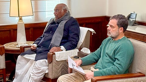 Leader of Opposition Rahul Gandhi with Congress President Mallikarjun Kharge.