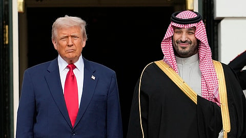 US President Donald Trump stands with Saudi Arabia's Crown Prince Mohammed bin Salman on his visit to the White House, Nov. 18, 2025, in Washington.