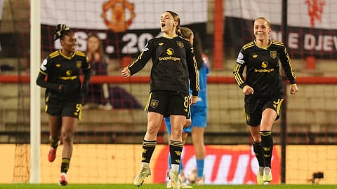 Manchester United's Jess Park celebrates scoring during the women's Champions League soccer match in Leigh, England, Thursday Feb. 19, 2026.