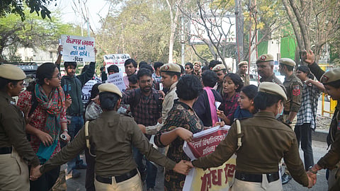 Students protesting in Delhi University as University ban on demonstrations, and protests on campus for a month, New Delhi on Thursday.