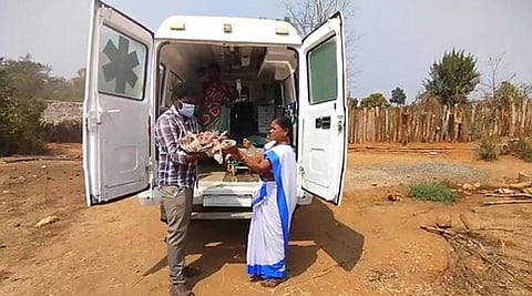 A pregnant tribal woman delivered inside an ambulance after the pothole-ridden road to her village delayed her journey to hospital.