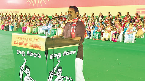 Naam Tamilar Katchi chief Seeman addressing workers during the party’s state conference at Alampatti Pudur near Tiruchy on Saturday.