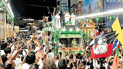 Edappadi K Palaniswami addressing an election campaign meeting in Ambattur as part of his yatra on Saturday.