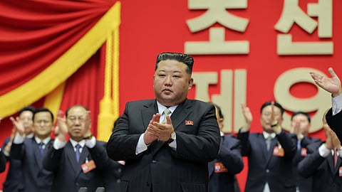 This photo provided Monday, Feb. 23, 2026, by the North Korean government, its leader Kim Jong Un, center, claps hands as he was re-elected to the top post of the ruling Workers’ Party, during the party's Congress in Pyongyang, Sunday, Feb. 22, 2026
