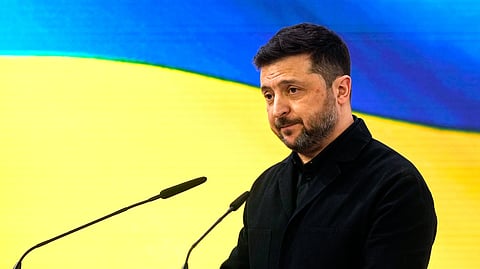 Ukraine's President Volodymyr Zelenskyy addresses the audience during a session at the Munich Security Conference in Munich, Germany, Saturday, Feb. 14, 2026.