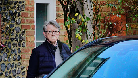 FILE - Peter Mandelson leaves his home in Wiltshire, England, Feb. 20, 2026.
