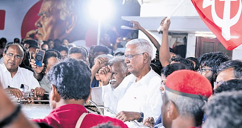 Leaders paying respects to R Nallakannu at party office on Wednesday
