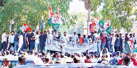 IYC and other Congress leaders during their protest at Jantar Mantar on Thursday.