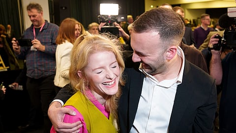 The Greens Party candidate Hannah Spencer, left, stands with party leader Zack Polanski after winning the Gorton and Denton by-election, Manchester, England, Thursday, Feb. 26, 2026.