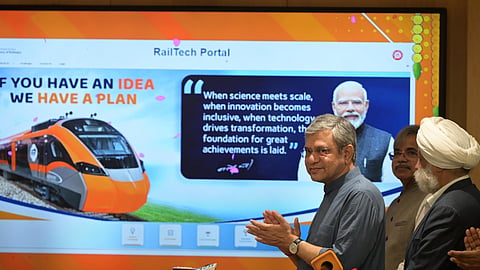 Railway Minister Ashwini Vaishnaw during the launch of Rail Tech portal at Rail Bhawan, in New Delhi on Thursday.