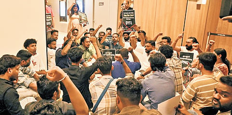 DYFI activists protest against screening of The Kerala Story 2 in Thiruvananthapuram on Saturday, following which the screening was cancelled