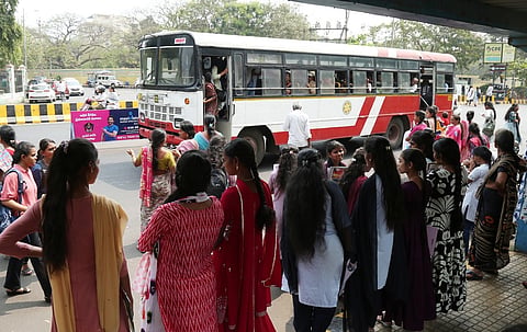 Passengers wait to board APSRTC buses in Visakhapatnam