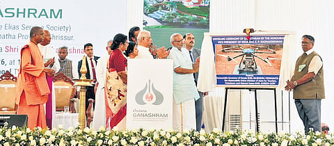 Vice-President C P Radhakrishnan unveiling Gajaasthram, a drone-aided chemical immobilisation technology to dart elephants, in Thrissur on Sunday
