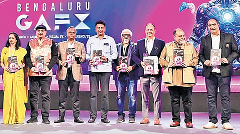 IT & BT Minister Priyank Kharge and Minister for Higher Education Dr M C Sudhakar at the Bengaluru GAFX 2026 valedictory event in Bengaluru on Sunday