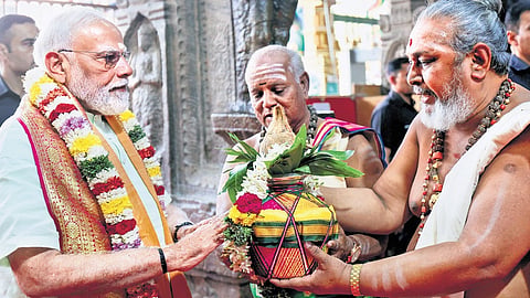 Prime Minister Narendra Modi during his visit to Thiruparankundram after inaugurating a slew of projects in Madurai on Sunday