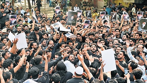 A protest was staged following the killing of Iran’s Supreme Leader Ayatollah Ali Khamenei in a US-Israel strike at Jantar Mantar on Sunday | Parveen Negi