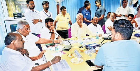 Union Minister HD Kumaraswamy and Animal Husbandry Minister K Venkatesh during a Tobacco Board meeting in Mysuru on Monday