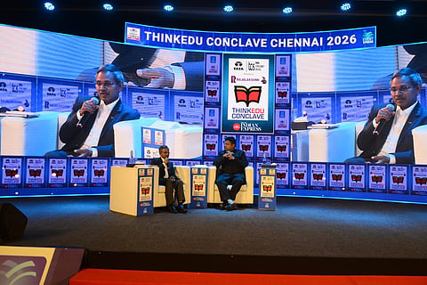 Ganesan Kannabiran, Director of the National Assessment and Accreditation Council (NAAC) in discussion with Abhay Meganathan, vice chairman of Rajalakshmi Engineering College.