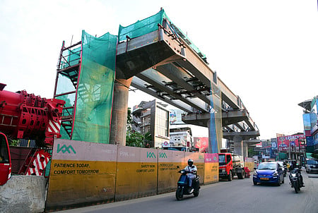 The deck slab construction work for Phase 2 of the Kochi Metro is underway at Palarivattom, Kochi on Friday.