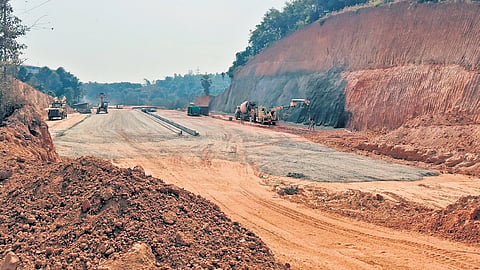 The ongoing road-widening work between Vamanjoor Junction and Baiturli near Mangaluru