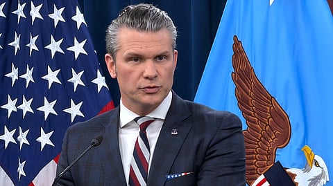 Pentagon chief Pete Hegseth speaks during a press briefing at the Pentagon, Wednesday, March 4, 2026, in Washington.