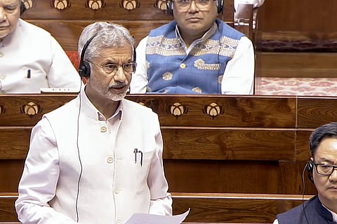 External Affairs Minister S Jaishankar, left, speaks in the Rajya Sabha during the Budget session of Parliament, in New Delhi, Monday, March 9, 2026.