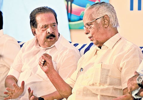 Writer T Padmanabhan in conversation with senior Congress leader Ramesh Chennithala during the launch of the latter’s debut novel in Thiruvananthapuram on Monday