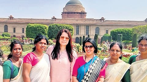 Reena, Praja Narayanan, Icy Mol, and Shyamala Ravi with Kudumbashree state assistant programme manager Preetha G Nair, Monika Bhutunguru, dy secy, Ministry of Rural Development; and Smriti Sharan, joint secy, at Amrit Udyan in Delhi